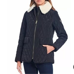 Quilted Sherpa Collar Jacket - Black
